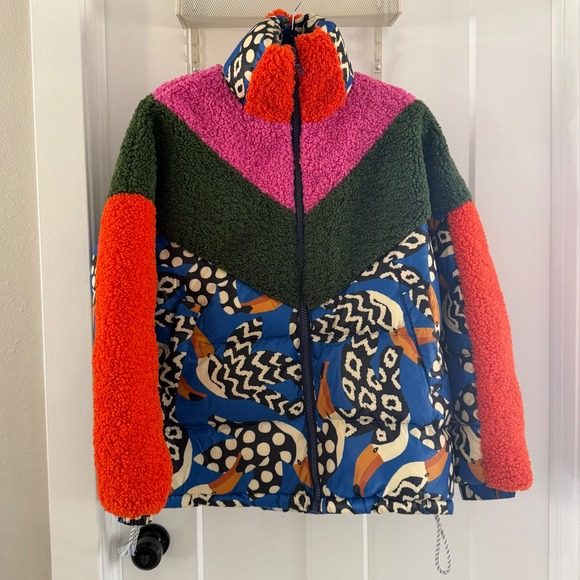 FARM Rio Jackets & Blazers - Farm Rio Colorful Tucano Puffer Jacket Mixed Sherpa Fleece S Blue Multi Zip Up